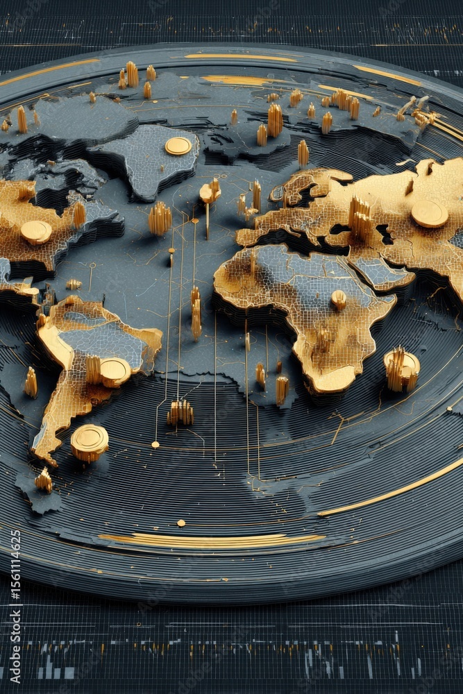 Poster Highly detailed 3D illustration of a futuristic world map with gold and gray continents connected by digital lines and data points, representing global connectivity and technology themes