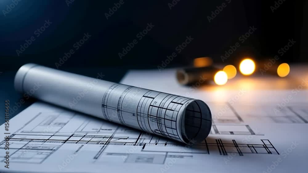 Poster architectural blueprint roll on the drafting table under the soft focus lights in the background wit