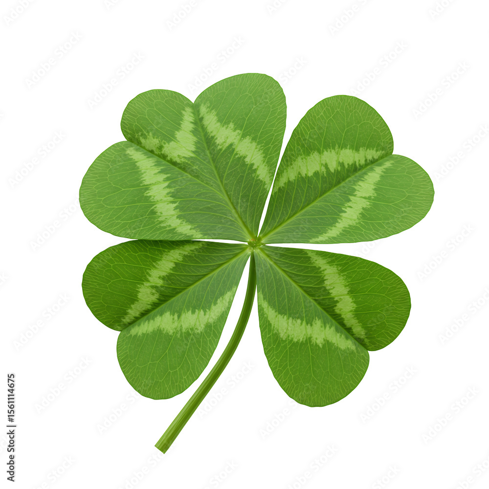 Poster four leaf clover with variegated green leaves, isolated on transparent background. detailed view of 
