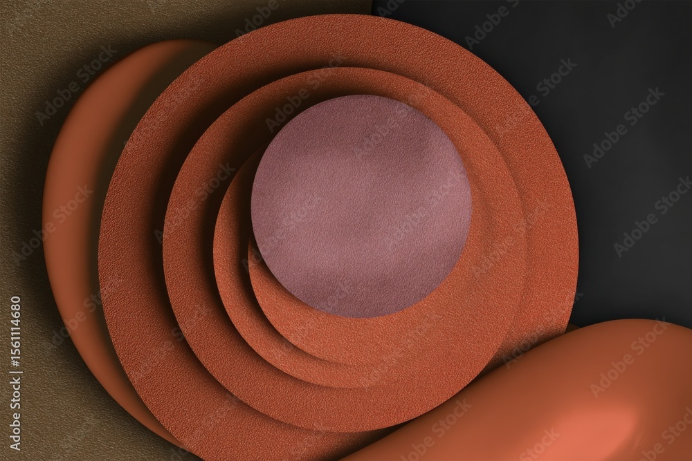 Aufkleber set of four circular terracotta-colored rugs with textured surfaces stacked in size, on a dark backg