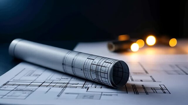 Architectural blueprint roll on the drafting table under the soft focus lights in the background with copy space