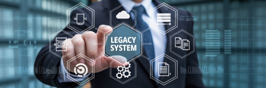 A businessperson interacts with a digital interface displaying the term legacy system. - Powered by Adobe