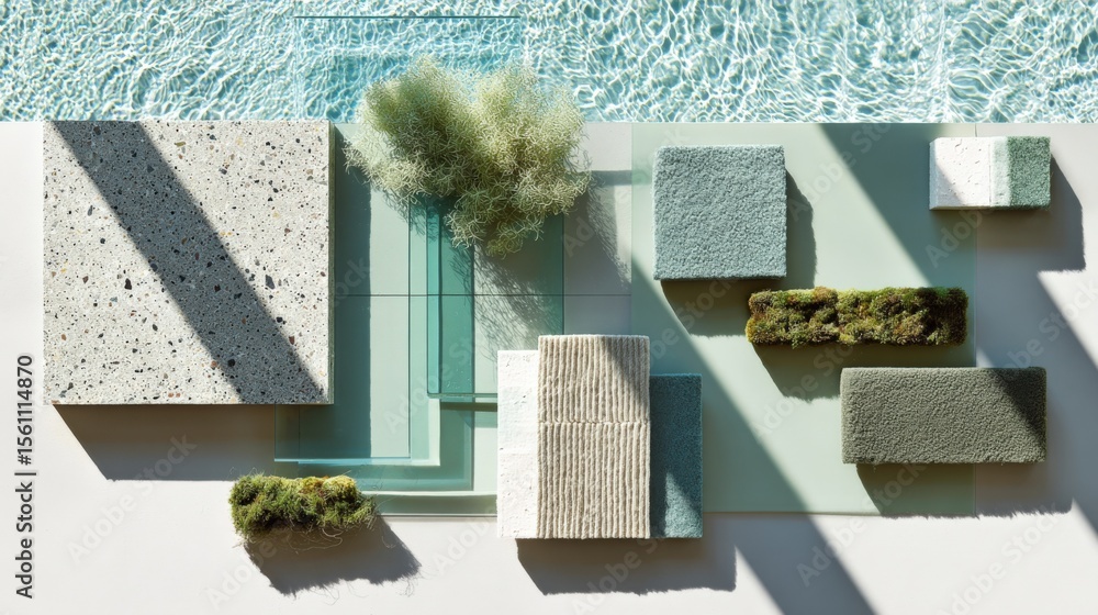 Poster modern architectural model with textured concrete blocks plants and glass panels on a sunny surface 