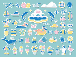 Summer vacation and beach sticker style icon set