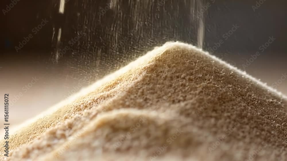 Poster close-up view of a pile of sand with grains cascading down showing texture and subtle light and shad