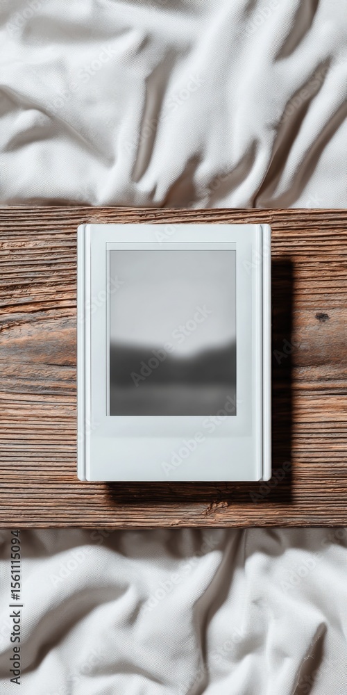 Poster Modern digital photo frame with a sleek white design displaying a black-and-white scenery, placed on a rustic wooden surface with soft fabric background