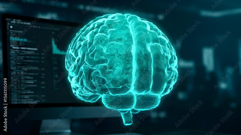 Aufkleber futuristic glowing turquoise human brain hologram beside computer displaying data chart in dimly lit
