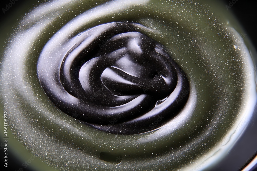 Aufkleber Close-up of a swirling dark liquid with smooth glossy surface and tiny sparkling particles, captured in a spiral motion with detailed textures
