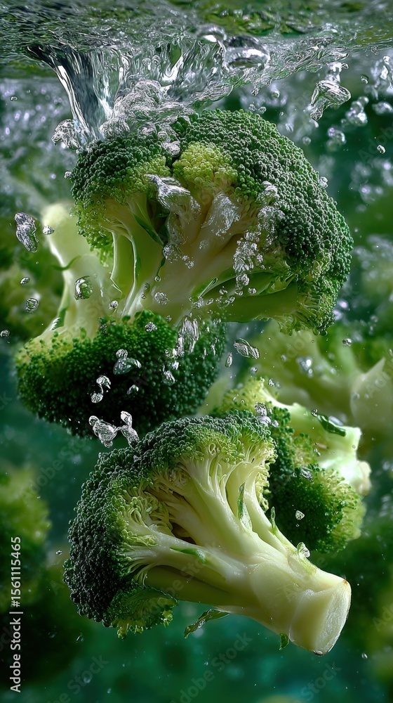 Poster fresh and vibrant broccoli florets submerged in water with bubbles and splashes, showcasing crispnes