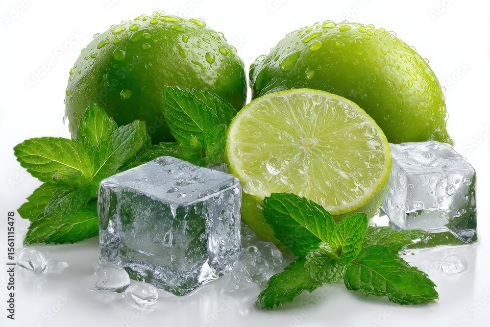 Aufkleber fresh lime fruit with juicy slices mint leaves and ice cubes on white background for refreshing cold