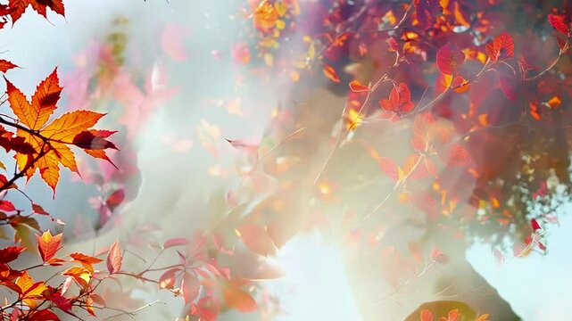 A striking double exposure image showcases a woman's profile combined with vibrant autumn leaves, symbolizing beauty, nature, and tranquility in art.