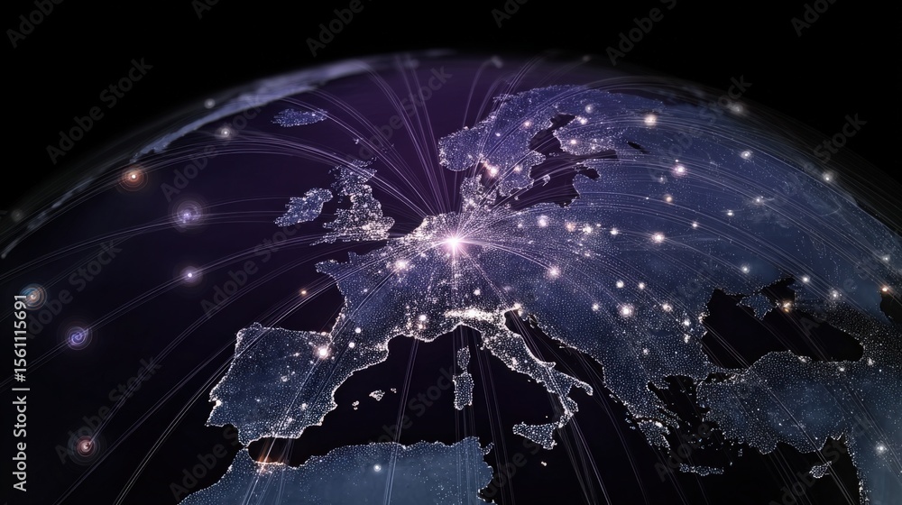 Poster A high-tech digital 3D map of Europe illuminated with interconnected glowing network lines and nodes representing global connectivity and communication