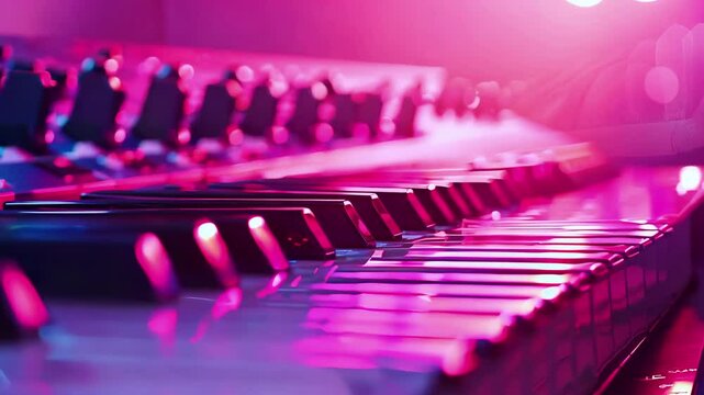 A vibrant close-up image of piano keys illuminated by soft, colorful lighting. The blurred background adds an artistic touch, capturing the essence of music and creativity.
