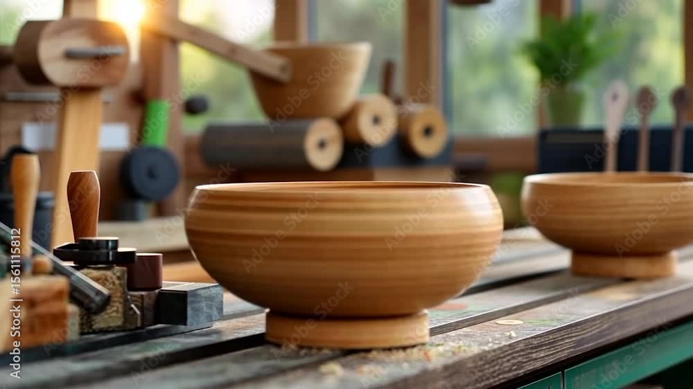 Poster wooden bowls on a workbench with a blurred workshop background. warm light illuminates the scene. fo