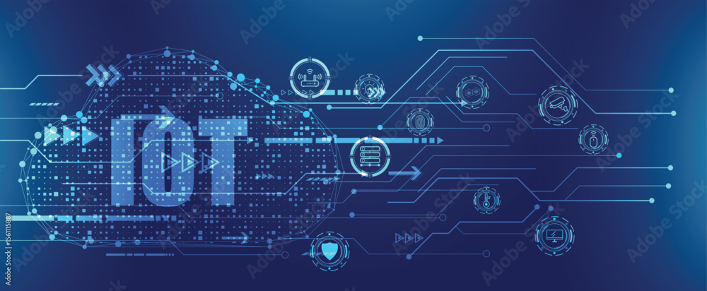 Poster iot technology background with digital elements and interconnected devices, great for cybersecurity 