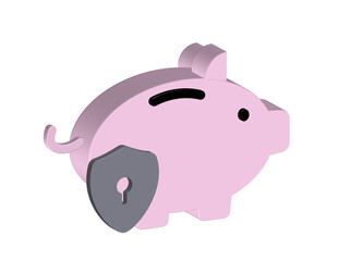 Simple 3D illustration of a piggy bank icon with a shield, PNG format, transparent background