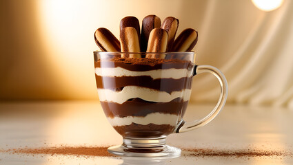 Glass cup dessert featuring layers of fluffy tiramisu with chocolate shavings, coffee-soaked layers, and creamy topping.