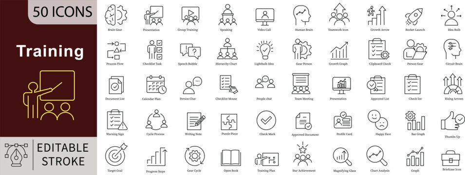 Training Line Icons: Learning, Development and Business Skills Vectors. Editable Stroke