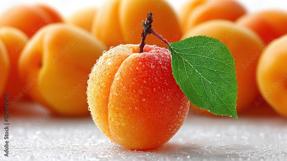 Poster fresh apricot with water droplets and green leaf on top close-up with a background of blurred aprico
