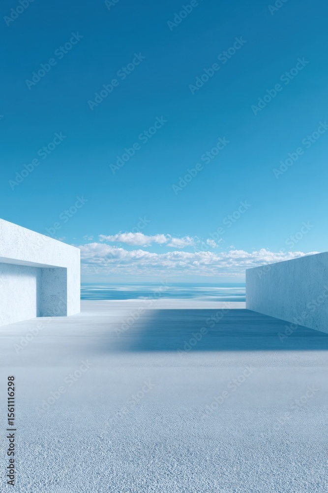 Poster minimalist modern white architecture with bright clear sky and ocean views in a luxurious coastal se
