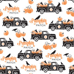Halloween Vintage Black Truck with Pumpkins and Crow Birds, Pumpkin Patch Text- Halloween Vector Illustration