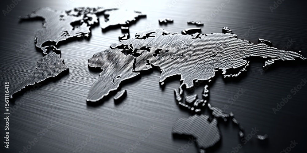 Poster world map in metallic silver with raised continents on black wooden surface showing global geography