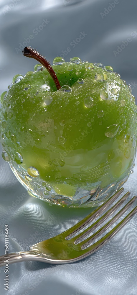 Poster close-up of a fresh green with water droplets on surface and a fork on a silky blue background creat