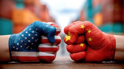 Close-up of fists painted with American and Chinese flags touching in a symbolic peace gesture against a blurred background of colorful shipping containers