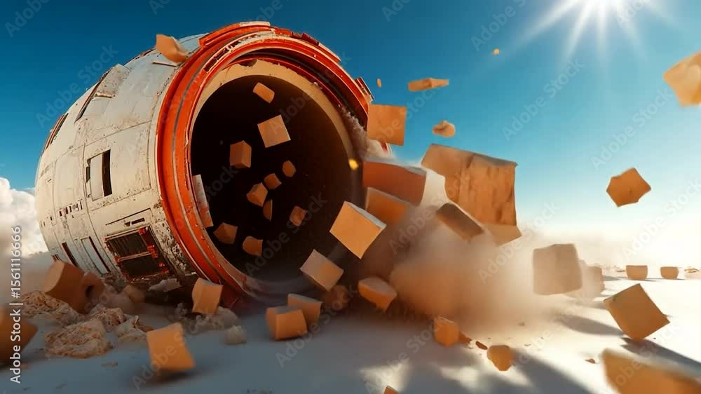 Poster abstract rendering of a fragmented geometric structure amidst a surreal landscape featuring falling 