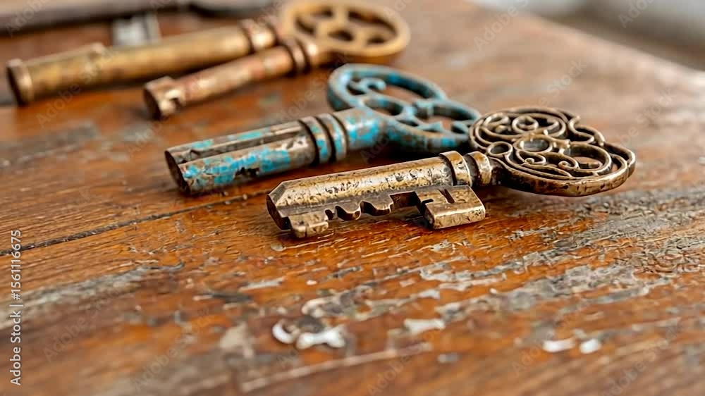 Poster close up of generic keys in varying colors and textures on a distressed wooden surface. focus on det