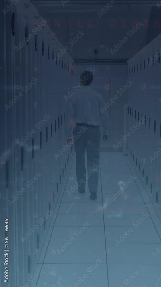Poster animation of cyber security data processing over rear view of male engineer walking in server room