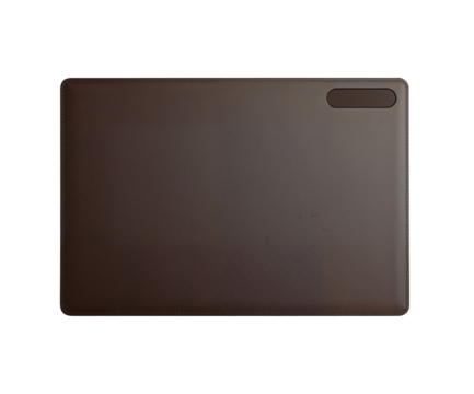 Elegant workspace accessory, A sleek dark brown leather desk mat with subtle stitching for a sophisticated office setup