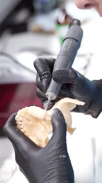 Dental prosthesis in the hands of the doctor close-up. Dentist holding ceramic dental bridge. Front view of complete denture. Dentistry conceptual photo. Prosthetic dentistry. False teeth