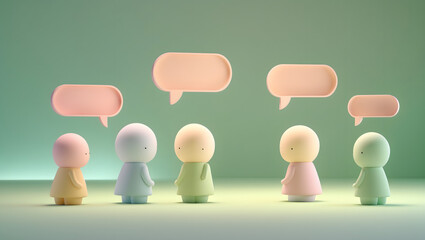 Obraz premium Five cute cartoon characters each surrounded by a pastel-colored speech bubble, creating a visual representation of ideas and thoughts.