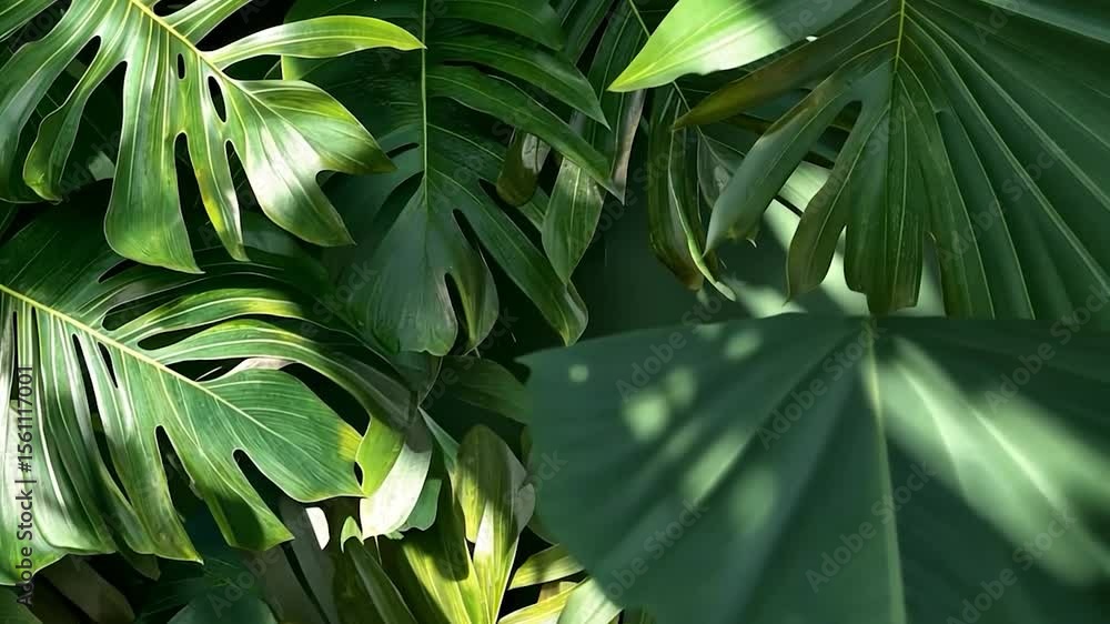 Poster overhead view of lush green tropical leaves in sunlight with detailed textures and shadows creating 