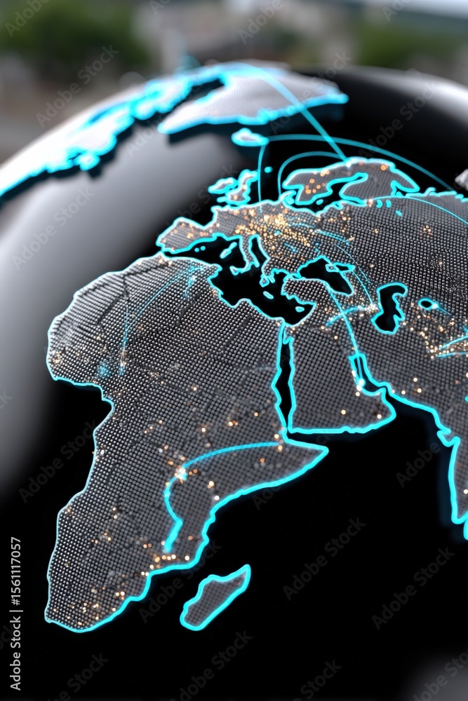 Aufkleber Advanced black digital globe with illuminated blue detailed continents and interconnected network lines representing global connectivity and technology on a black background