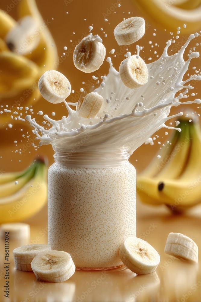 Poster Refreshing banana milkshake splash with floating banana slices in glass on warm background with whole ripe bananas