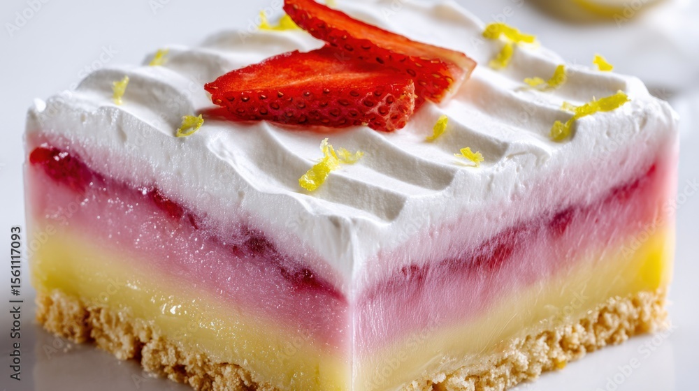 Poster delicious layered strawberry cheesecake with white cream topping garnished with fresh strawberry sli