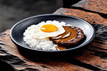 Delicious breakfast dish featu a fried egg with runny yolk served alongside a juicy beef patty with rich brown gravy and fluffy white rice on a black plate