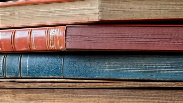 Close-up of stacked antique books featuring various colors textures and aged appearance. Visible are details of the spines pages and covers creating a vintage library aesthetic