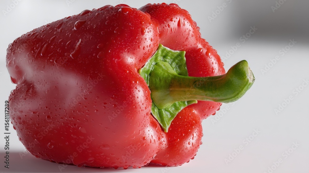 Poster close-up of a fresh red bell pepper with water droplets resting on its vibrant glossy surface and gr