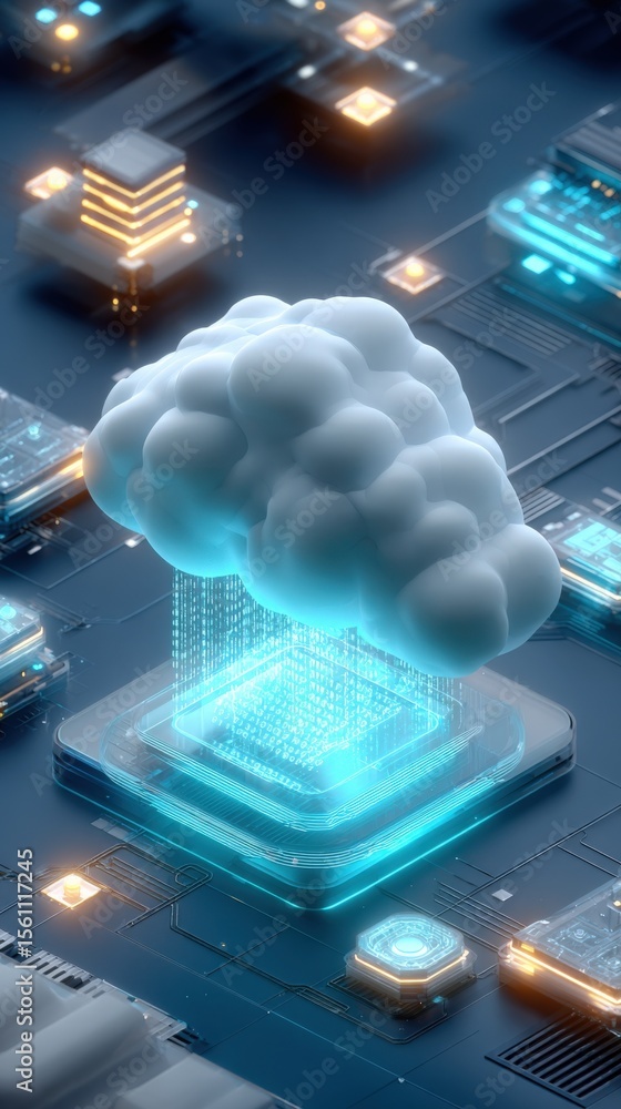 Poster highly detailed digital image of a futuristic cloud computing concept with a cloud icon emerging from a glowing data server hologram on a technology circuit board