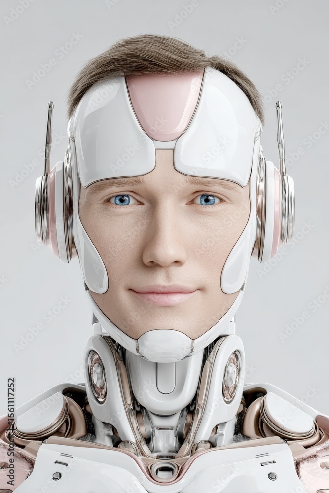 Poster futuristic humanoid robot with human features and advanced metallic design head and shoulders in a w