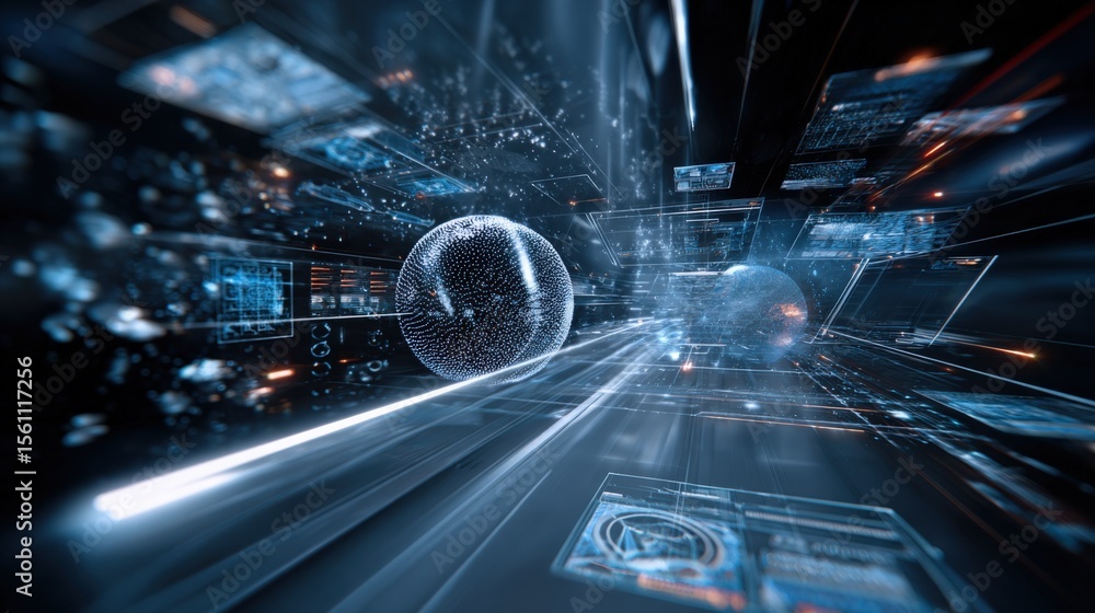 Aufkleber Futuristic digital cityscape with glowing spheres holographic interfaces high-tech data streams and advanced virtual environment visualization