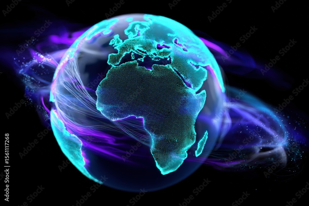 Poster highly detailed digital illustration of earth globe from space showing continents with luminous neon
