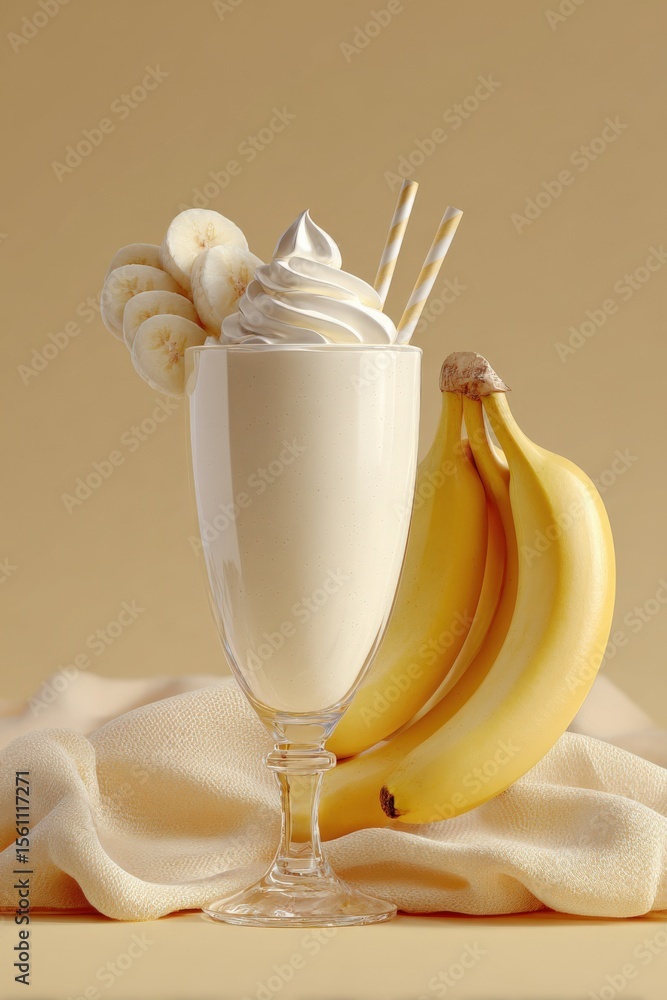 Poster refreshing creamy banana smoothie with fresh banana slices and whipped cream in a glass garnished wi