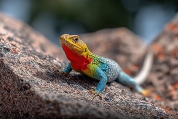 Vibrant Rainbow-colored Lizard on Rock with Detailed Texture and Natural Background in a Natural Habitat Setting