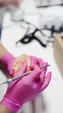 Dentist working on dental prosthesis in modern dental laboratory