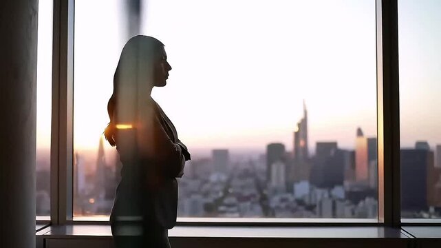 A businesswoman in formal attire stands beside a tall office window overlooking the city, arms crossed, taking a deep breath while thinking