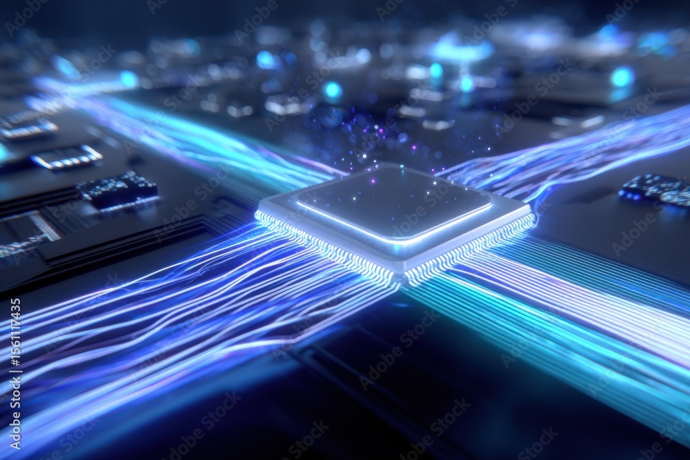 Poster Futuristic Computer Microchip with Glowing Circuitry and Data Connections on Silicon Board for Advanced Technology Applications